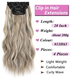 Samtress Hair Extensions Clip in for Women 20 Inch Clip in Long Wavy Curly Hair Extension 4 PCS Synthetic Hair Extension Thick Hairpieces Ashy Brown Mixed Blonde (#12H613)