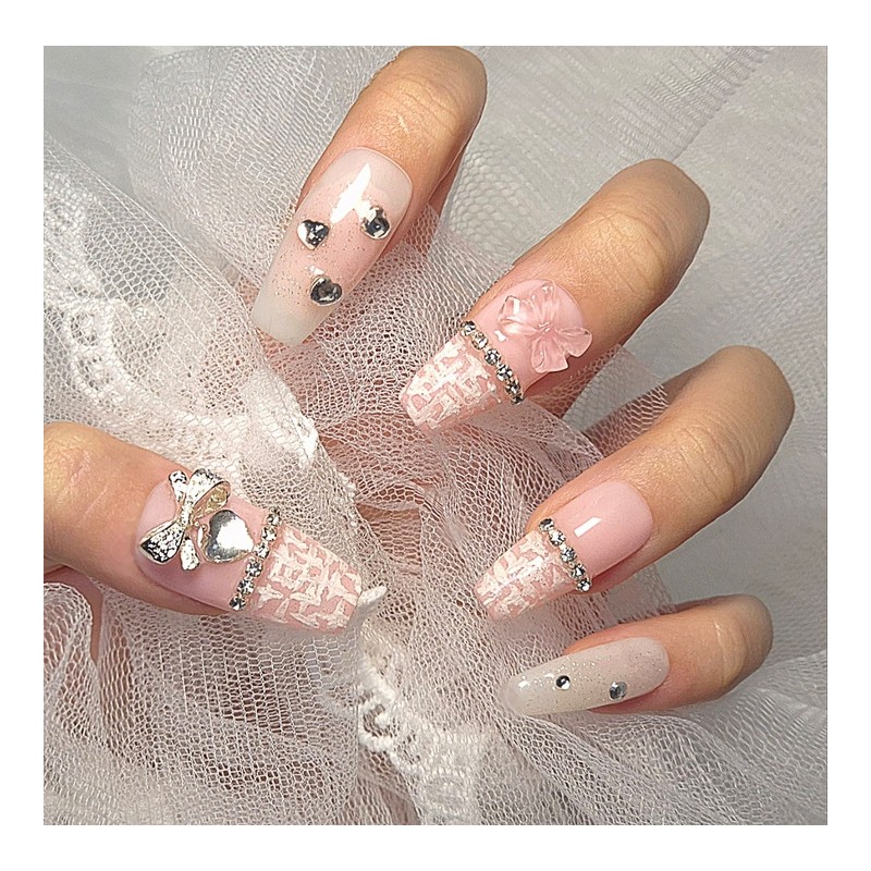 [In-store special discount]Pink tweed handmade nail tips - short coffin