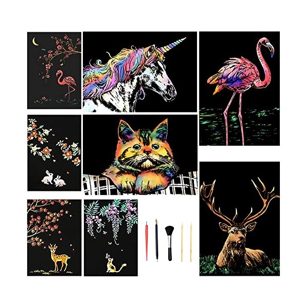 Animal Scratch Art, 8pcs Foil Handmade Scratch Painting Art and Crafts Gifts Colour Scratch Paper Engraving Art with 5pcs Professional Pen and Brush Flamingo/Cat/Deer/Rabbit