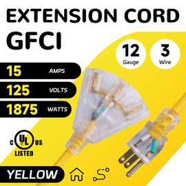 HeyYance 3 Ft GFCI Lighted Extension Cord with 3 Power Outlets, 15 Amp 12/3 SJTW Heavy Duty Yellow Pigtail Extension Cable with 3 Prong Grounded Plug for Safety, UL Listed