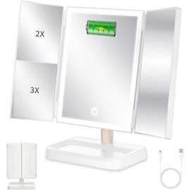 LED Travel Makeup Mirror, Rechargeable, 3-Sided, 78 Lights, Touch Control - size: white 9.4"L x 13.3"W