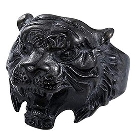 SAINTHERO Men's 316L Stainless Steel Ring Band Vintage Gothic Tribal Biker Tiger Head Rings Animal Design Black Size 10