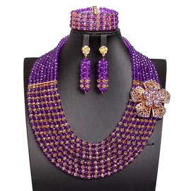 Africanbeads 8 Rows Purple Champagne Crystal Jewelry Set,Bride Jewelry Set,Wedding Beads Jewelry Set
