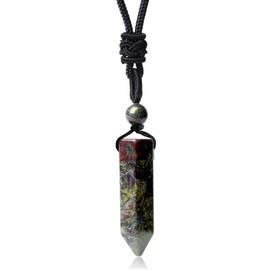 XIANNVXI Crystal Necklace Men's Hexagonal Crystal Pendant Chain Polished Gemstones Adjustable Black Leather Rope Reiki Healing Stones Necklace Women's Jewellery, Bloodstone and braided rope