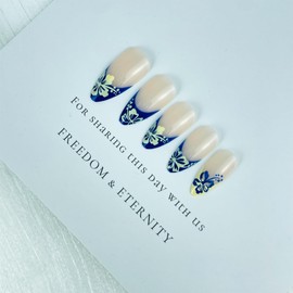 BQZQPAMZ 24pcs Blue Yellow French Tip Fake Nails With Glue Flower Almond Shaped Press On Nails Medium Length Natural Acrylic False Nails for Women DIY Manicure Decoration Supplies