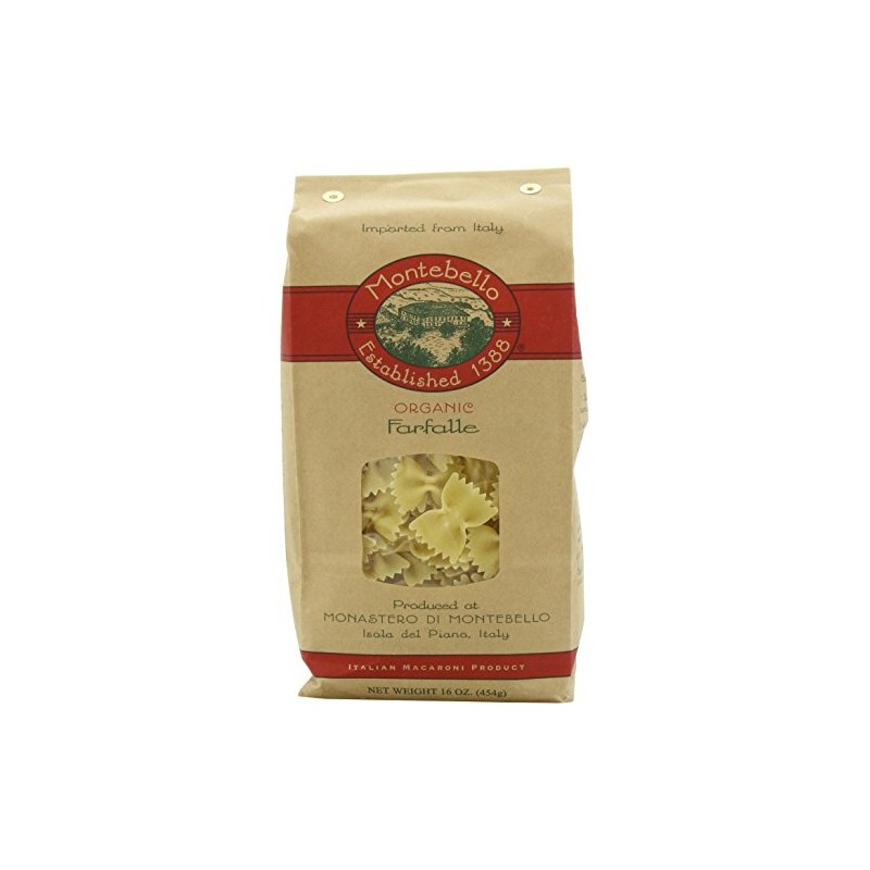 Montebello Organic Farfalle Artisan Pasta, Non GMO, 16 Ounces (Pack