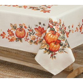 Lintex Thanksgiving Traditions Autumn Harvest Bordered Tablecloth, Fall Leaves and Pumpkin Patch Border Print Easy Care Fabric 60In x 102In Oblong/Rectangle, Oblong/Rectangle