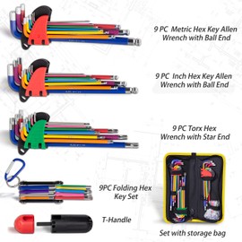 KOTTO Hex Key Allen Wrench Set, Metric, Imperial, Torx, Star Long Arm Ball End Hex Key Set Tools, Industrial Grade Allen Wrench Set with Storage Bag