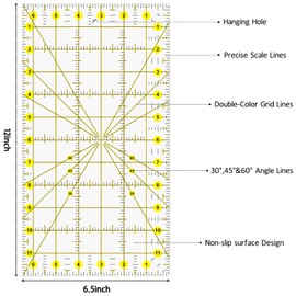 VPVPV Quilting Rulers, Acrylic Ruler, 6.5 X12 Inch with Non-Slip Rings 15 Pieces for Quilting and Sewing