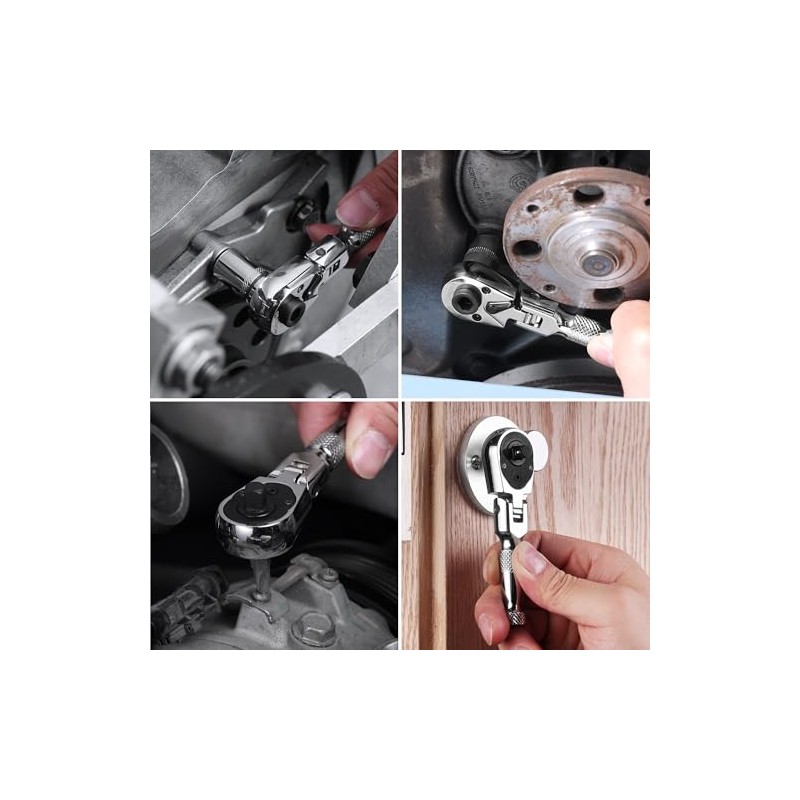 WORKPRO 1/4" Drive Stubby Ratchet, 2-In-1 Socket Wrench Flex Head