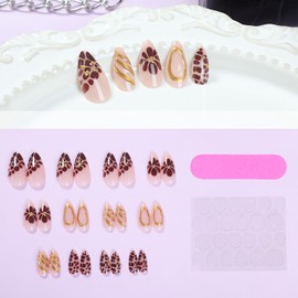 24 Pcs Nude Almond Press on Nails Medium Fake Nails Kit Natural & Fit False Nails with 3D Design Handmade Nails Press ons Flower Glue on Nails Acrylic Full Cover Stick on Nails for Women