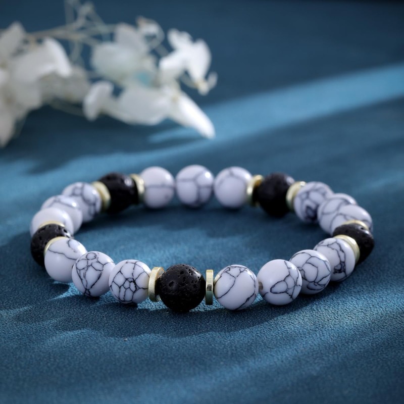 EQUBIO 8mm Lava Rock Howlite Bead Bracelet for Men, Matte