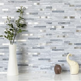 DICOFUN 10-Sheets Peel and Stick Backsplash Wall Tile, Faxu Stone PVC Mixed Metal Kitchen Backsplash Peel and Stick in Light Grey