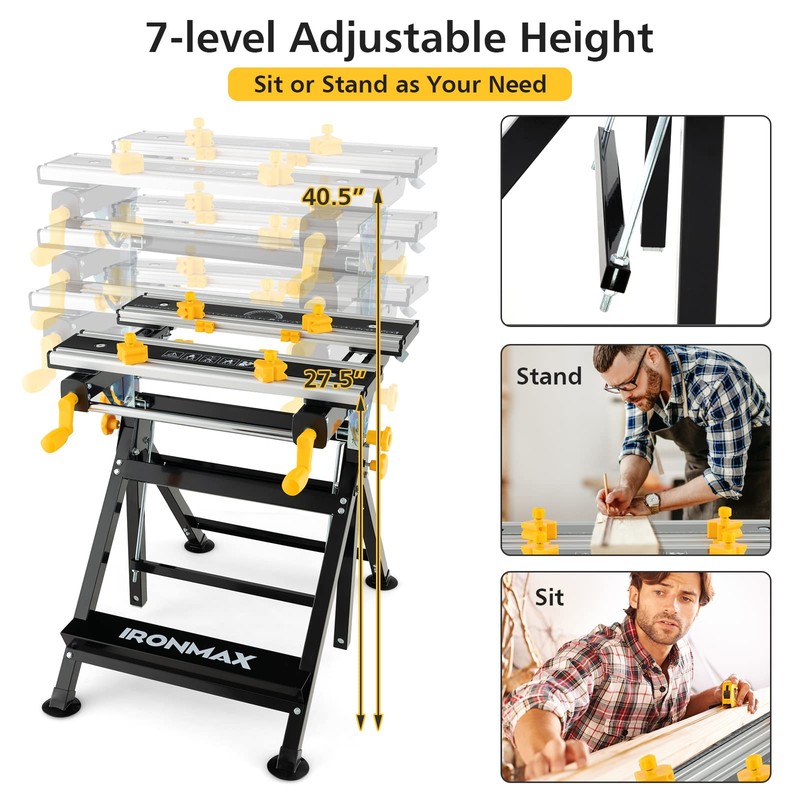 IRONMAX Portable Workbench, Folding Work Table with 7-Level Height Adjustable,
