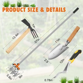 Rotary 57 Inch Cultivator Garden Rotary Tiller Adjustable Stainless Steel Poles Hand Tiller for Soil Mixing or Reseeding Kit(Weeder + Cultivator rake + 2-in-1 Gardening Hoe)