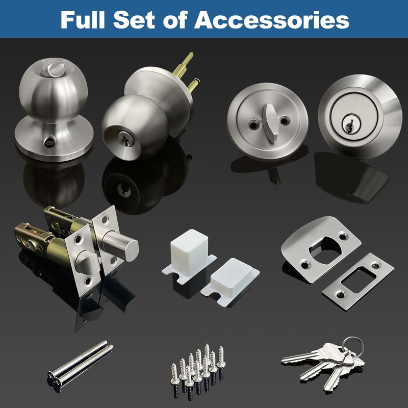 BESTTEN 3 Pack Keyed Alike Exterior Door Knobs and Single