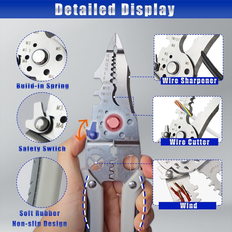 Wire Stripper Tool, Multi-function, 9-in-1 Wire Cutter Wire Crimper, Adjustable
