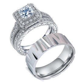 TWO RINGS Wedding Ring Sets His And Hers Promise Ring Couples Bridal Sets Women 925 Sterling Silver 1ct Cz Man Wedding Bands