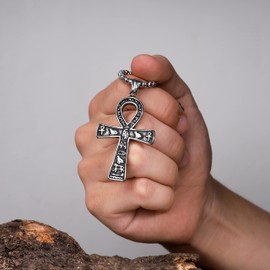 HAQUIL Ankh Necklace, Silver Plated Stainless Steel Hieroglyphic Ankh Cross Pendant, Box Chain, Egyptian Jewelry Gift
