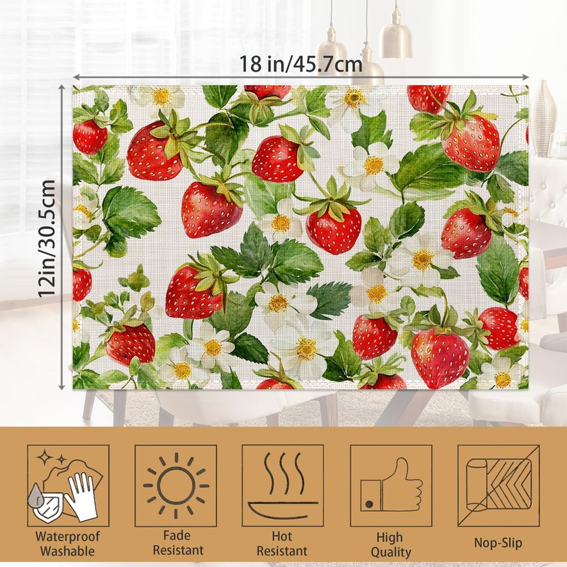 6 Pcs Placemats,Red Strawberry Placemats,Leaves Flower Table Mats Washable Recyclable