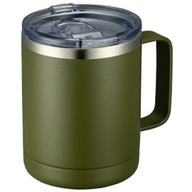 MEWAY Taza de café de 12 oz con asa y tapa deslizante, vaso de viaje de acero inoxidable con asa, taza de camping de doble pared con aislamiento al vacío (Verde ejército, Juego de 1)