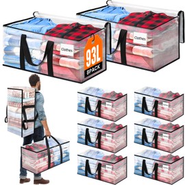 BlissTotes 8-Pack Large Moving Bags with Backpack Straps & Strong Zippers, Heavy-Duty Storage Bags Moving Boxes for Space Saving, Dorms, Transport, 93L-25 Gallons, Clear
