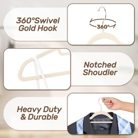 Sishynio Premium Velvet Hangers 30 Pack with Gold Hooks, Non-Slip, Space Saving Felt Clothes Hangers, Sturdy Slim Flocked Hanger for Dresses, Coats, Tie and Pants(Beige)
