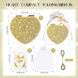 RattanView 24 Sets Heart Glitter Compact Mirror Gifts for Women Gold Magnifying 1x/2x PU Leather Mirror with Tags and Gift Bags for Wedding Bridal Shower Party Favor