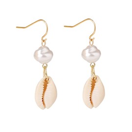 AMOR SPES Natural Sea Shell Gold Pearl Drop Earrings Dangle Earrings for Women Girls Beach Jewelry (D)