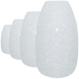 Bling Art False Nails Gel Glossy Ballerina Coffin 24 False Nails Long Tips with Glue (Pearl White Gel)