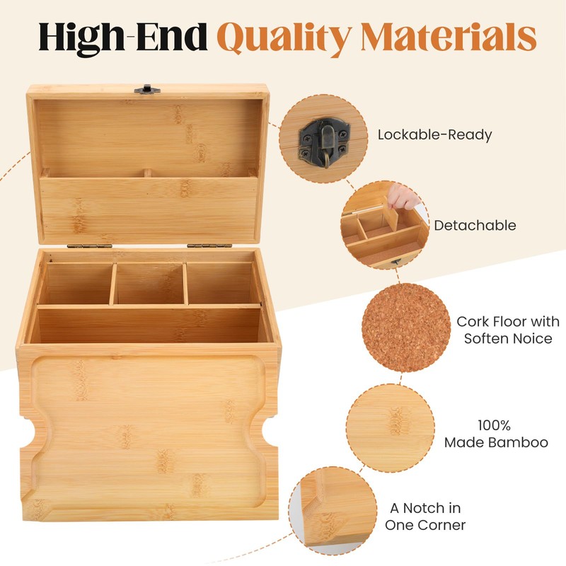 Coozyupper Large Bamboo Storage Box with Removable Tray Kit -