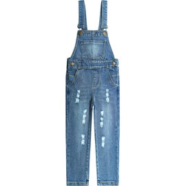 KIDSCOOL SPACE Little Girls Denim Overalls, Elastic Waistband Inside Washed Ripped Holes Jeans Jumpsuit,Light Blue,6