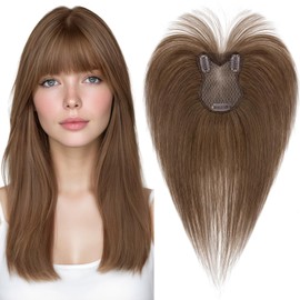 Elailite Human Hair Toppers for Women Real Human Hair Topper with Bangs Hand-Tied Thin 8 * 11CM Lace Base Light Weight Clip in Remy Hairpieces 11 Inch Medium Brown