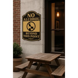 No Alcohol Sign 2-Pack – 12 x 8" Black Gold Metal Signs – No Alcohol Beyond This Point with Bottle and Glass Icon – Reflective Rust-Free Aluminum, Weatherproof UV Protected for Fence Gate Park Event Outdoor Use