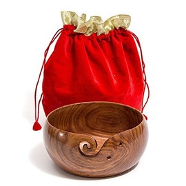 Hagestad Wooden Yarn Bowl for Knitting and Crocheting. Travel Pouch and 2 Crochet Hooks Included. Extra Large 8 by 4 inch