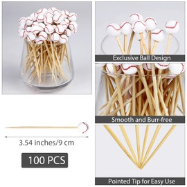 Hiwooii 100 Pieces Baseball Bamboo Cocktail Picks Wooden Decorative Baseball Cocktail Skewers Sports Ball End Bamboo Cocktail for Appetizers Catered Events Sandwich Buffets Party Supplies