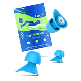 Fitciz Swimming Ear Plugs for Adults, 2 Pairs Waterproof Earplugs in Case for Swimmers, Men, Women, Washable, Reusable, Comfortable (Size: L+M, Sky Blue for Men)