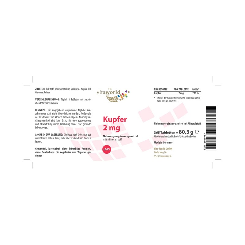 Vitaworld Copper 2 mg, Copper Gluconate for High Bioavailability, Vegan,