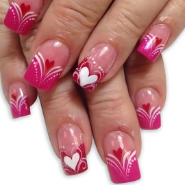 Valentines Press on Nails Medium Square Red French Tip False Nails Pink Fake Nails with Hearts Shape Design French Artificial Nails Valentine's Day Acrylic Glue on Nails Love Stick on Nails for Women