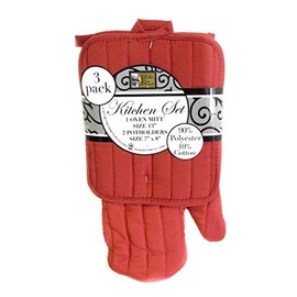 Red 3-Piece Oven Mitt and Potholder Set - Durable, Machine Washable Kitchen Essentials for Home Chefs by Dependable Industries inc. Essentials