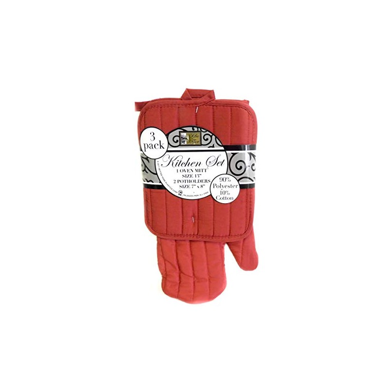 Red 3-Piece Oven Mitt and Potholder Set - Durable, Machine