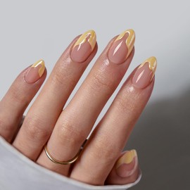 BTArtbox False Nails French Tip - Lamp-Curable Short Almond Press On Nails, Semi-Transparent Soft Gel Stick On Nails for Women in 16 Sizes sa- 32 Fake Nail Kit, Lemon Fizz