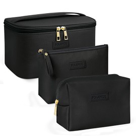 MAANGE Pack of 3 Cosmetic Bags (L+M+S), PU Leather Makeup Bag for Women, Portable Travel Cosmetic Bag, Small Make Up Bag with Compartments, Black