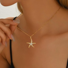 Gweqou Trendy Necklaces for Women 18K Gold Plated Dainty CZ Pendant Necklace Starfish Star Moon Element Necklace Jewelry