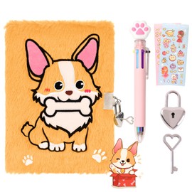 ENYILEE Fluffy Dog Corgi Diary with Lock for 6 7 8 Year Old Girl,Kids Journal Notebook Gift Set with Multicolored Pen,Plush Secret Diary Lined 160 Pages,Christmas Birthday Gift Set for Kids