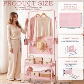 Sintuff 2 Tiers Metal Clothing Rack Display Stand with Pegboard Panel, Pink Modern Garment Rack with Wheels 63 x 26 Inches Modern Garment Closet Organizer with 8 Hooks for Women Hanging Clothes
