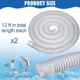 Maasechs 2 Set 1.5" Pool Filter Pump Connection PVC Hose with 6 Hose Clamps, Swimming Pool Replacement Tube, 1-1/2 Inch ID Dia, Plastic Vacuum Pipe Suction for Above Ground Water Park(12 ft)