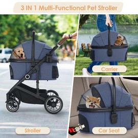 TODEFULL Pet Stroller with 4 Wheels, 3 in 1 Folding Puppy Strollers for Small/Medium Dogs Cats up to 50lbs, Lightweight Pet Travel Carrier with Detachable Cushion, Storage Basket and Cup Holder, Blue