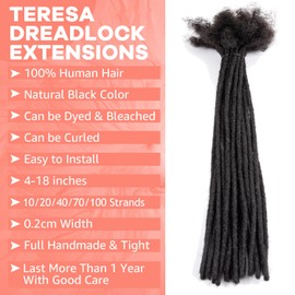 Teresa 8 Inch 0.2cm Width Loc Extension Human Hair Natural Black 100 Strands Full Hand-made Permanent Locs Extensions Can Be Dyed and Bleached for Men/Women/Kids Real Dreadlock Extensions Human Hair