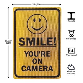 Vintage Metal Tin Sign Smile! You're On Camera With Graphic,Black On Yellow Road Business Sign 12x8 Inches Traffic Tin Painting